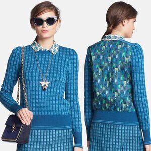 Tory Burch Walda Beetle Bug Sweater Merino Wool Silk Blue Size XS